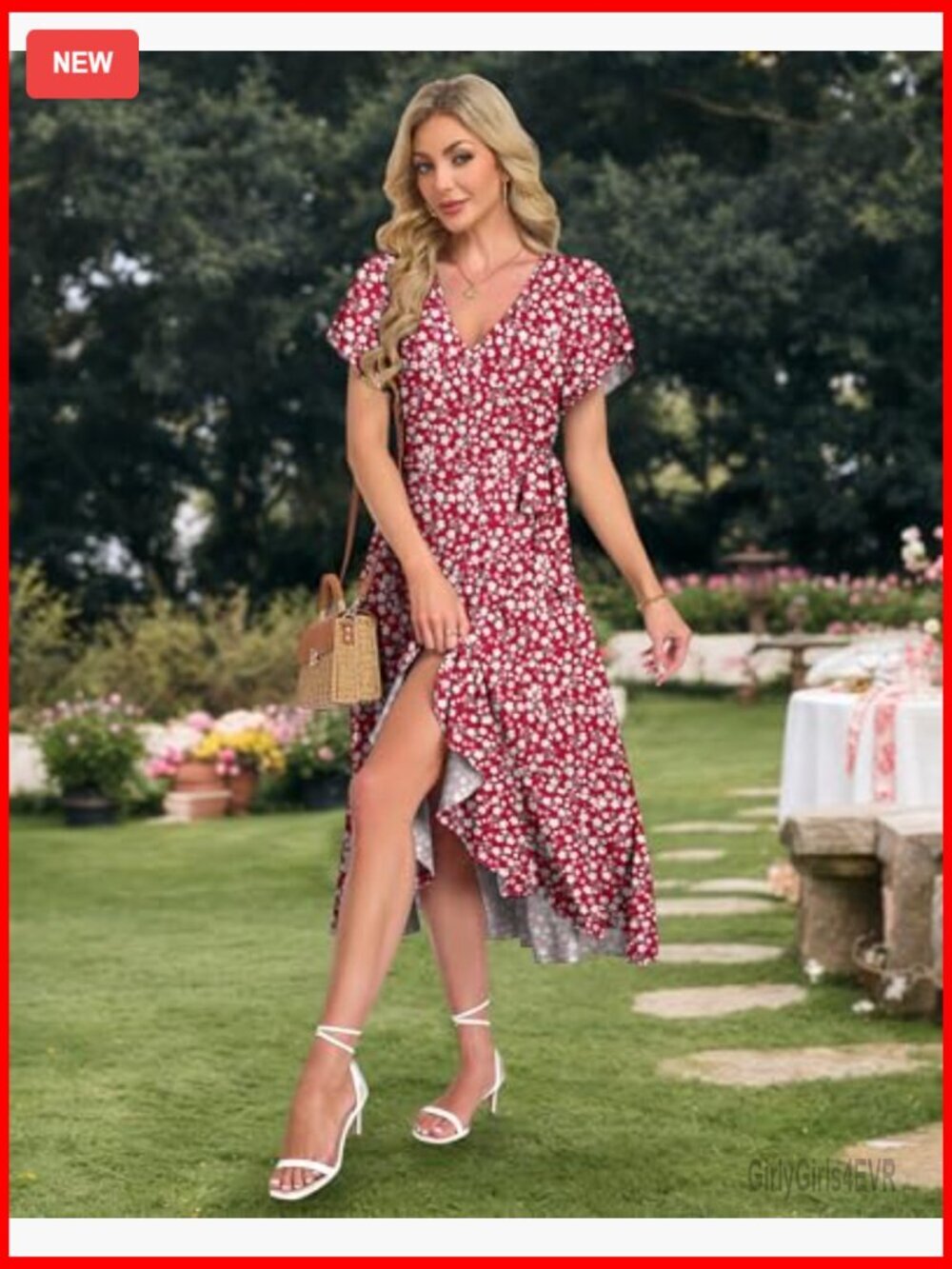 Women Wrap Midi Dress V Neck Flutter Sleeve Flowy Ruffle Slit - Picture 2 of 6